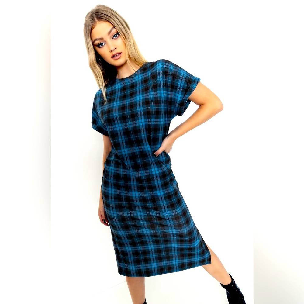 Blackmilk rare TARTAN GRUNGE BLUE MIDI TEE DRESS - LIMITED